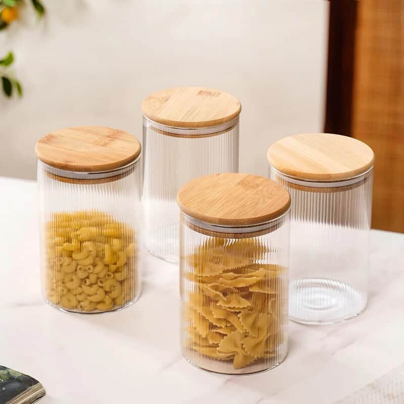Ribbed Glass Storage Jars with Bamboo Lid (Set of 4)