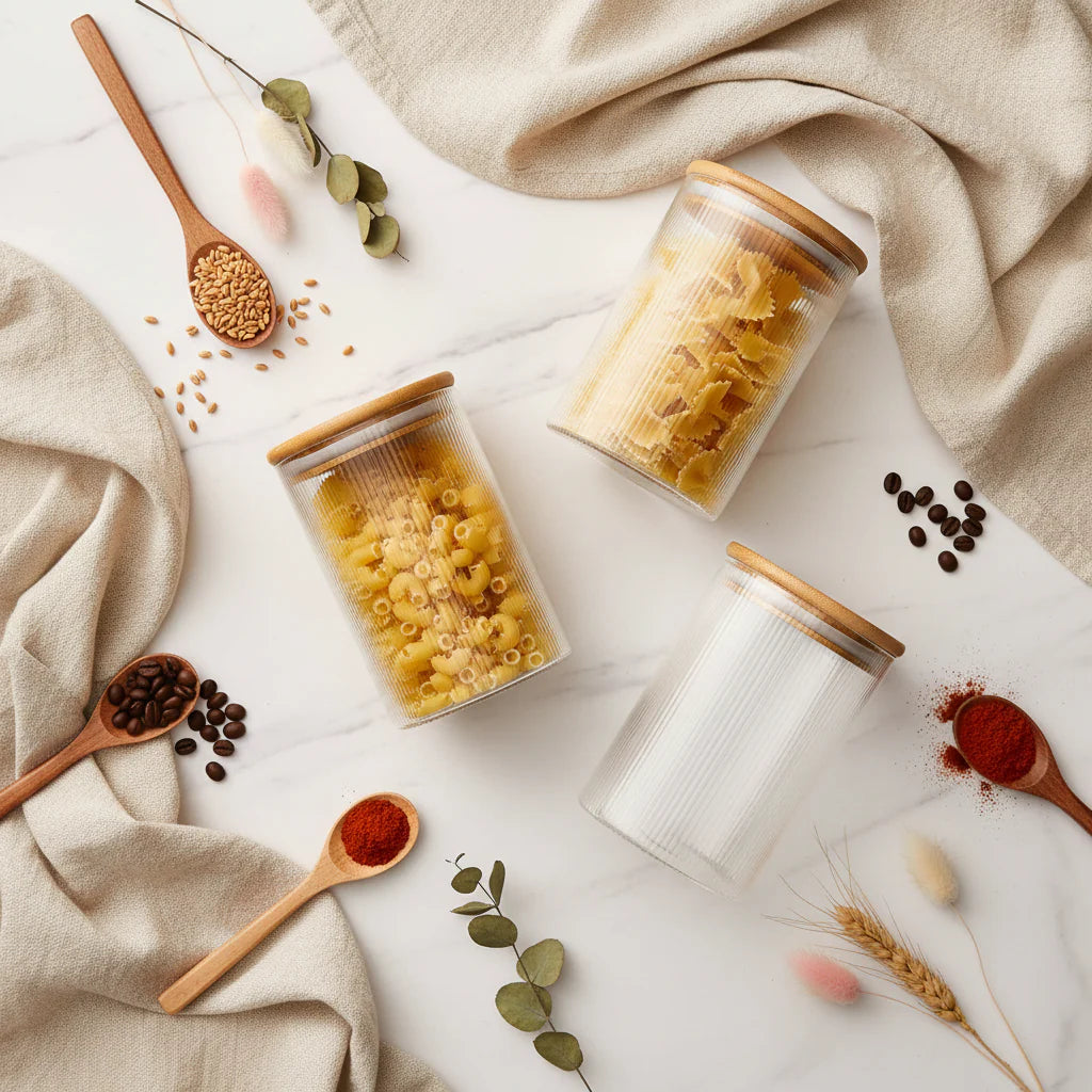 Ribbed Glass Storage Jars with Bamboo Lid (Set of 4)