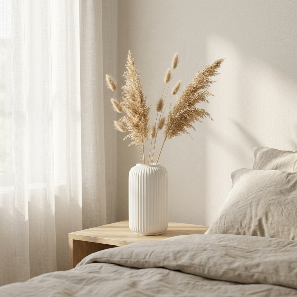 Minimalist bedroom styling with dried grasses