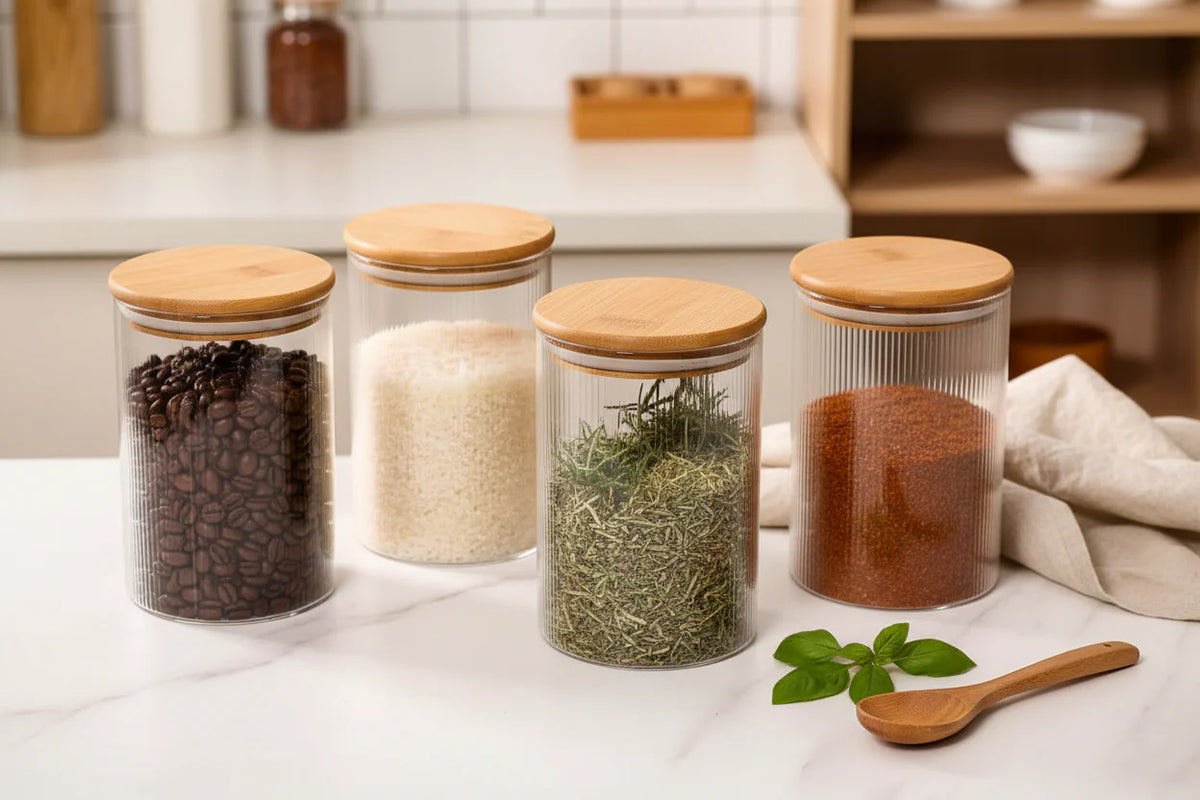 Ribbed Glass Storage Jars with Bamboo Lid (Set of 4)