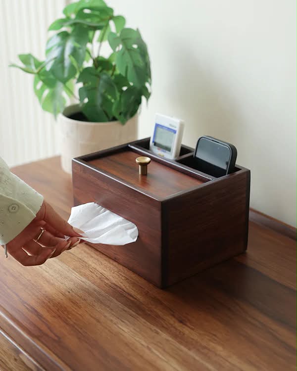 Walnut Wood Tissue Box & Desk Organizer