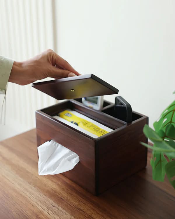Walnut Wood Tissue Box & Desk Organizer