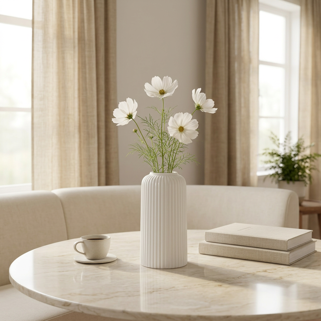 White fluted vase with delicate flowers in a luxury dining nook